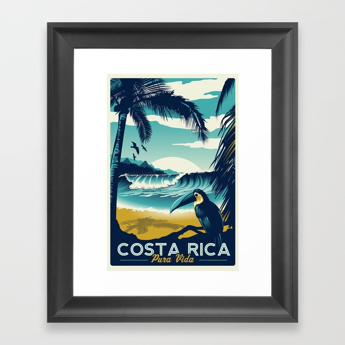 Costa Rica Retro Vintage Travel Poster Toucan Wave Surf Palm Trees Framed Art Print