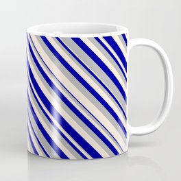 [ Thumbnail: Dark Gray, Beige, and Dark Blue Colored Lined Pattern Coffee Mug ]