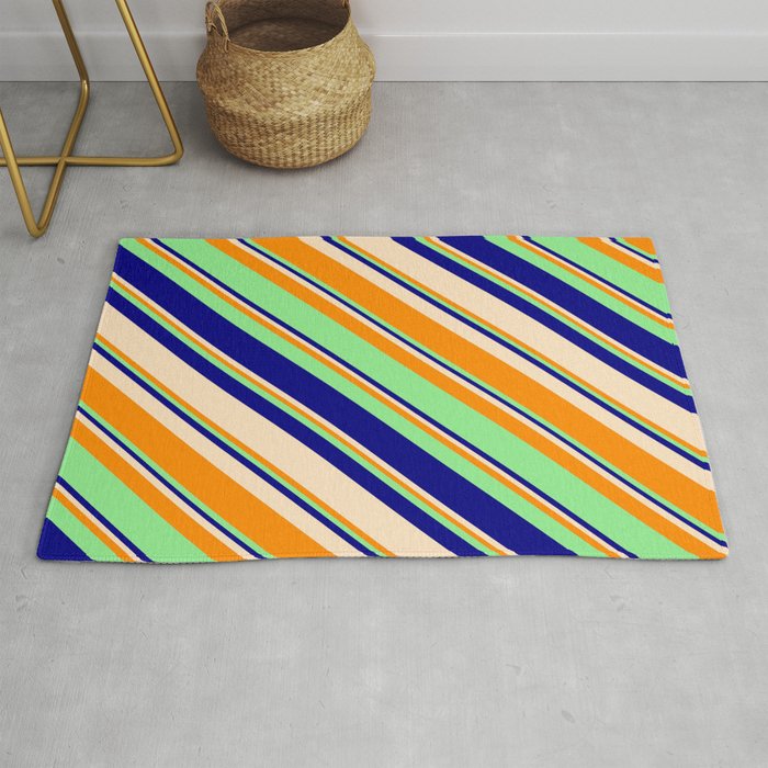 Light Green, Blue, Bisque, and Dark Orange Colored Stripes/Lines Pattern Rug