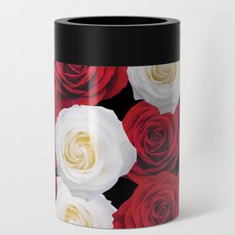 Red and White Rose on Black Can Cooler