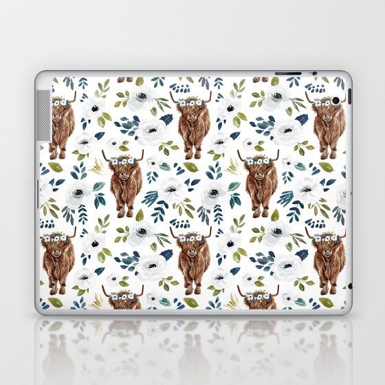 Highland Cow, Highland Cows with Flowers, Flower Crown, Floral Print, Watercolor Laptop & iPad Skin
