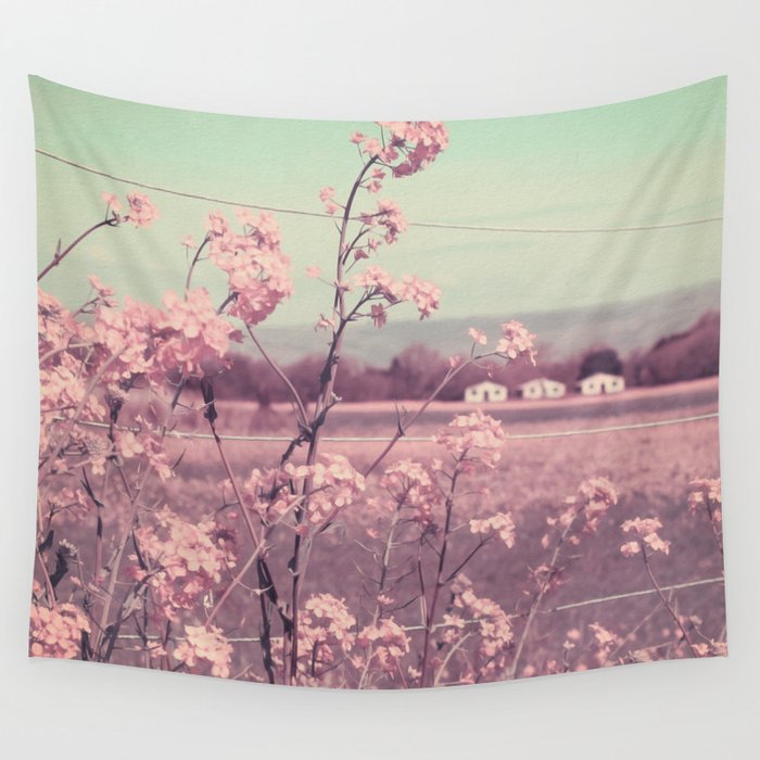 Sweet Spring (Teal Sky, Soft Pink Wildflowers, Rural Cottage) Wall Tapestry