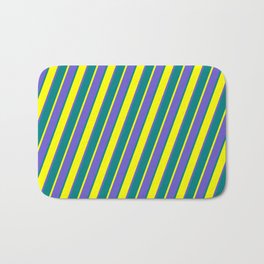 [ Thumbnail: Teal, Yellow, and Slate Blue Colored Lined/Striped Pattern Bath Mat ]