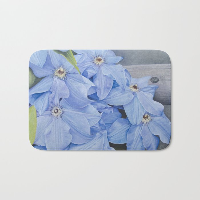 Blue Clematis Flowers on Knotted Fence Post Bath Mat