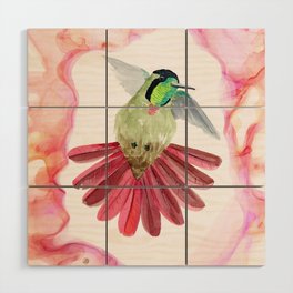 Flying Hummingbird - colorful bird in flight in pink palette Wood Wall Art