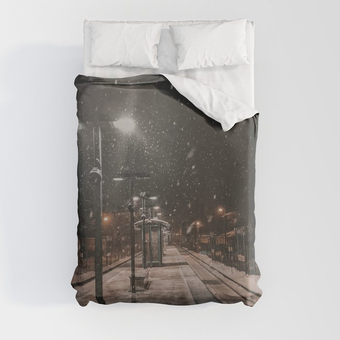 Snowy Streets at Night Duvet Cover