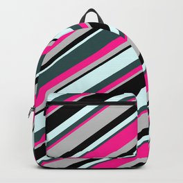 [ Thumbnail: Colorful Light Cyan, Dark Slate Gray, Deep Pink, Grey & Black Colored Lines/Stripes Pattern Backpack ]