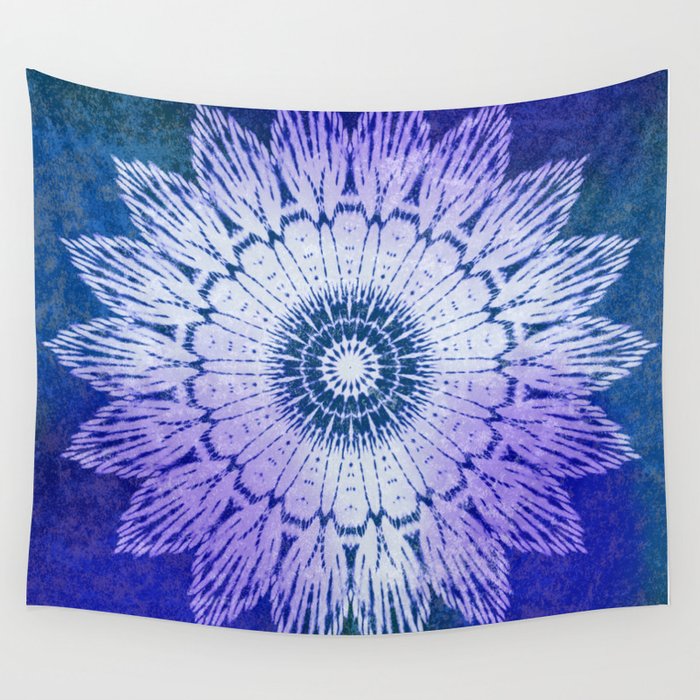 tie dye sunflower mandala in blues Wall Tapestry by MPZstudio