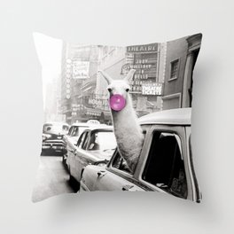 Perfect Pink Bubble Gum Llama taking a New York Taxi black and white photograph Throw Pillow