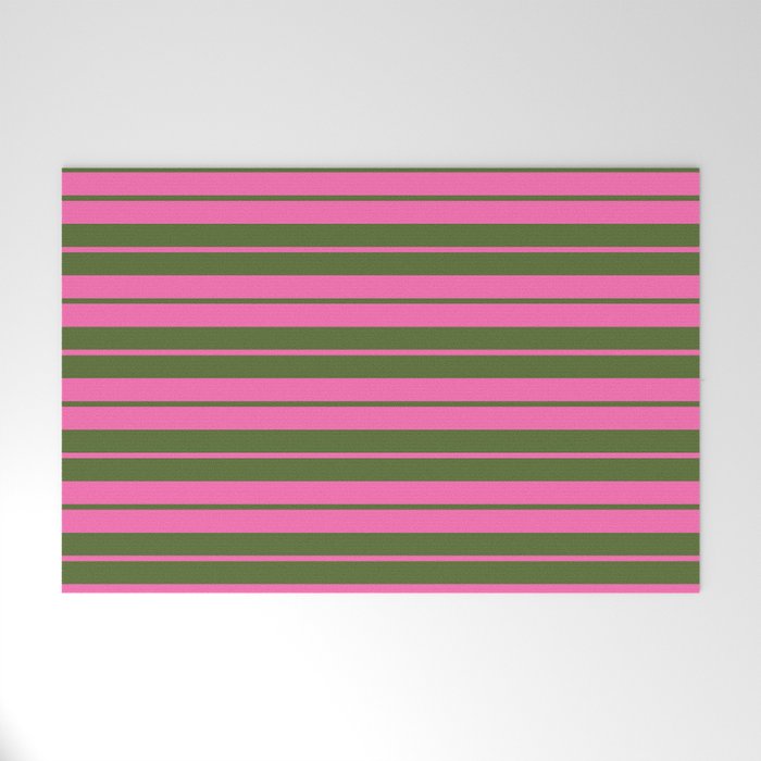 Hot Pink and Dark Olive Green Colored Lined Pattern Welcome Mat