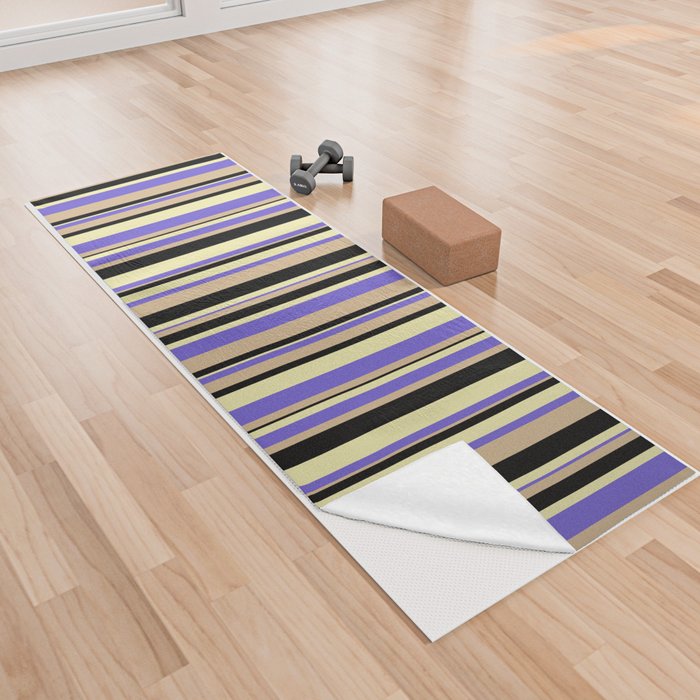 Slate Blue, Pale Goldenrod, Black & Tan Colored Striped/Lined Pattern Yoga Towel