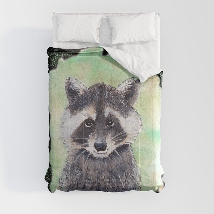 Raccoon Portrait Watercolor Black Background Comforter