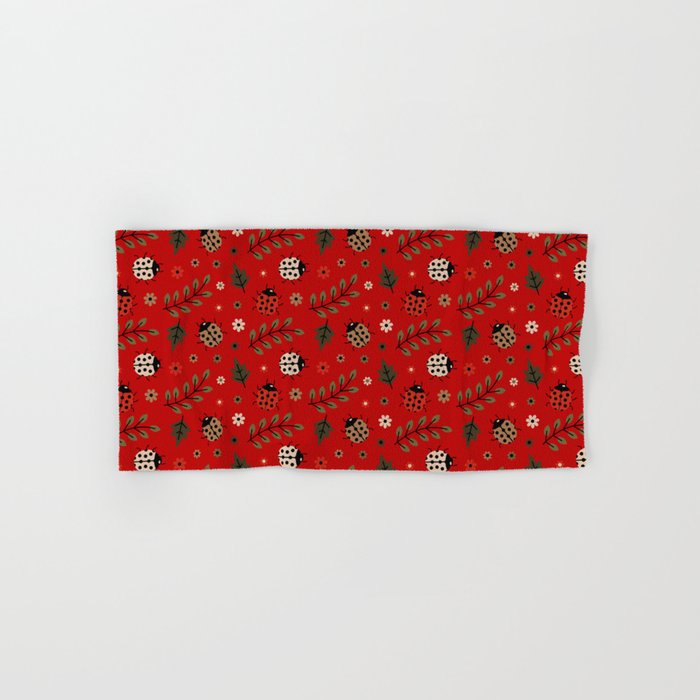 Ladybug and Floral Seamless Pattern on Red Background Hand & Bath Towel