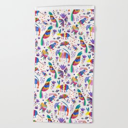 Otomi animals and flowers colorful Beach Towel