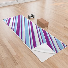 [ Thumbnail: Purple, Mint Cream, and Light Sky Blue Colored Lined/Striped Pattern Yoga Towel ]