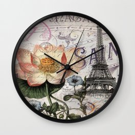french scripts lotus floral vintage paris eiffel tower Wall Clock