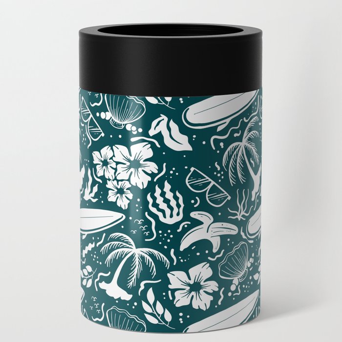 Teal Blue and White Surfing Summer Beach Objects Seamless Pattern Can Cooler