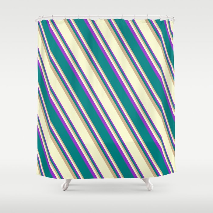 Tan, Light Yellow, Dark Orchid, and Teal Colored Stripes Pattern Shower Curtain