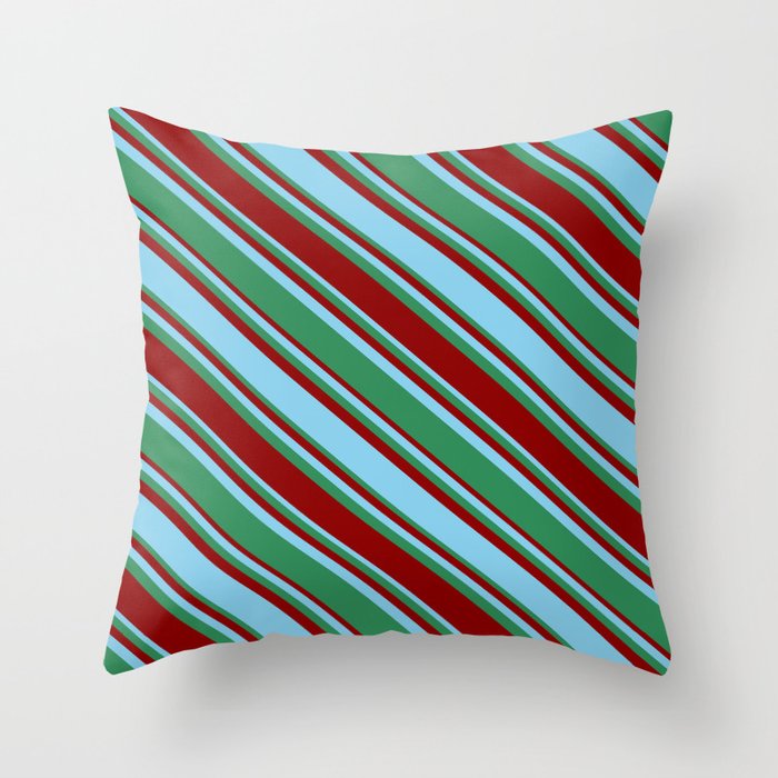 Sky Blue, Sea Green, and Dark Red Colored Lined/Striped Pattern Throw Pillow
