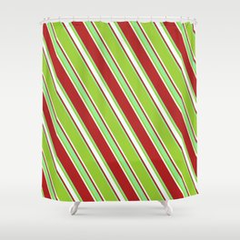 [ Thumbnail: Red, Light Green, Green & Mint Cream Colored Lines Pattern Shower Curtain ]
