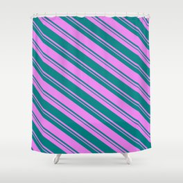 [ Thumbnail: Teal and Violet Colored Striped/Lined Pattern Shower Curtain ]