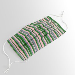 [ Thumbnail: Light Pink, Slate Gray & Dark Green Colored Pattern of Stripes Face Mask ]
