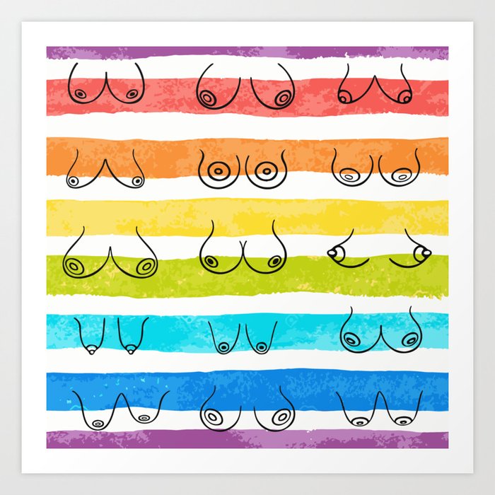 Minimal female breast size feminine body front view different boobs form  Watercolor rainbow stripes Art Print by Creative Modern Art