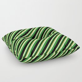 [ Thumbnail: Green, Light Yellow, Forest Green & Black Colored Stripes Pattern Floor Pillow ]