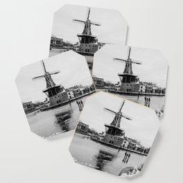 Iconic mill 'The Adrian' IV in black and white in Haarlem alongside a frozen Spaarne canal | Ice skating | Reflections | Architectural fine art print Coaster