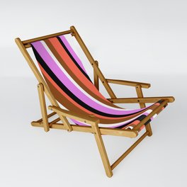 [ Thumbnail: Red, Brown, White, Violet & Black Colored Lined Pattern Sling Chair ]
