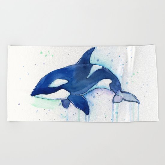 Killer Whale Orca Watercolor Painting Animal Art Beach Towel