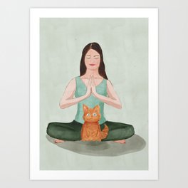 Yoga Girl  &  Red Cat Art Print