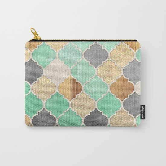 Charcoal, Mint, Wood & Gold Moroccan Pattern Carry-All Pouch