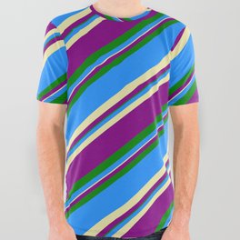 [ Thumbnail: Blue, Pale Goldenrod, Purple & Green Colored Lined/Striped Pattern All Over Graphic Tee ]