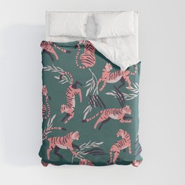 Pink Tigers on Green Pattern Duvet Cover