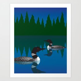 Loons in a Woodland Lake Art Print