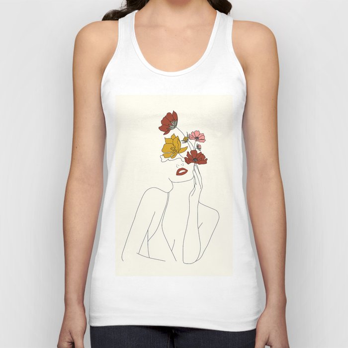 Colorful Thoughts Minimal Line Art Woman with Flowers Tank Top