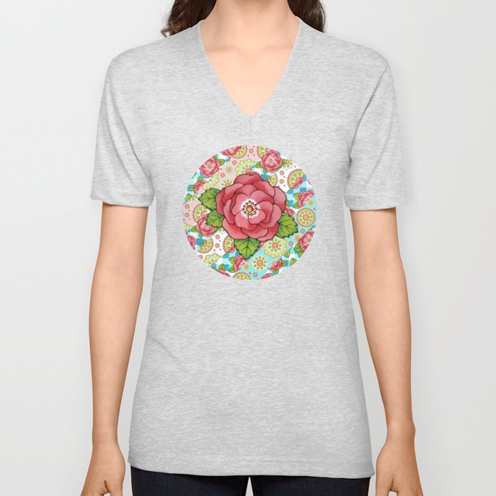 Pastel Mandala and Rose Striped Pattern V Neck T Shirt