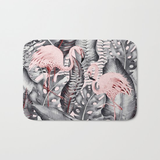 Flamingo Love- Watercolor Birds in Pink and Grey color on #Society6 Bath Mat