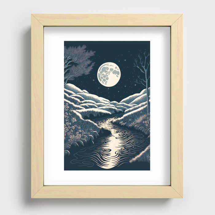 Moonlit River - Black & White Recessed Framed Print