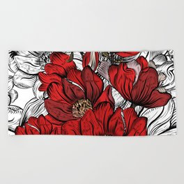 RED PEONIES PATTERN Beach Towel