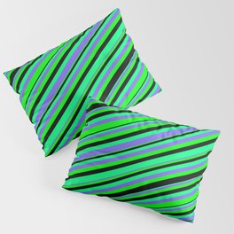 [ Thumbnail: Green, Medium Slate Blue, Lime & Black Colored Stripes/Lines Pattern Pillow Sham ]