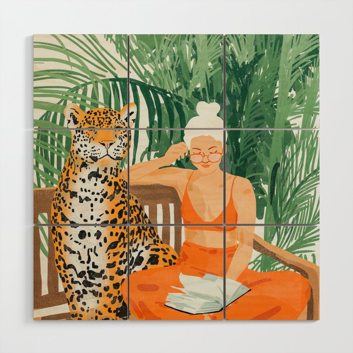 Jungle Vacay | Modern Bohemian Blonde Woman Tropical Travel | Leopard Wildlife Forest Reader Wood Wall Art