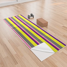 [ Thumbnail: Tan, Deep Pink, Indigo, Yellow, and Dim Gray Colored Striped Pattern Yoga Towel ]