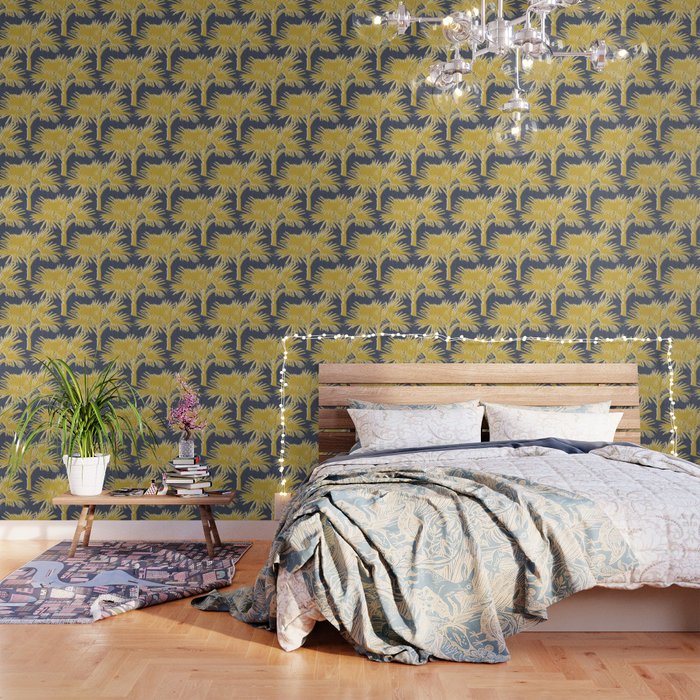 Tropical Palm Trees Gold on Navy Wallpaper