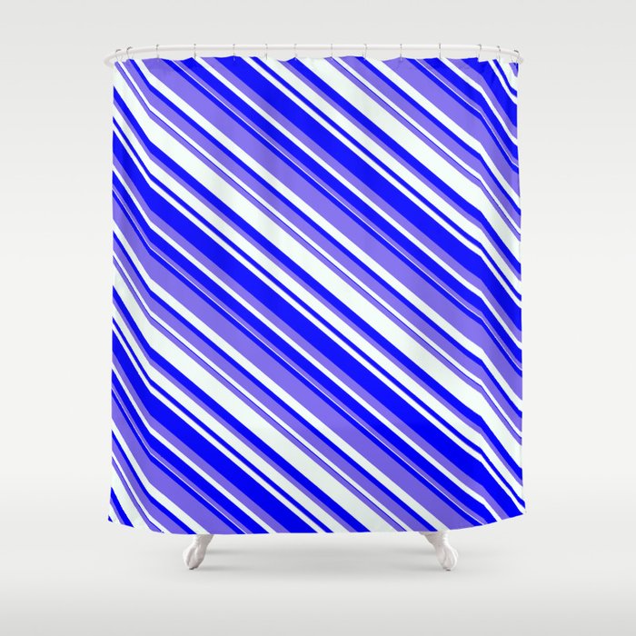 Medium Slate Blue, Mint Cream, and Blue Colored Lines Pattern Shower Curtain