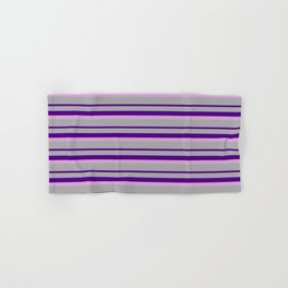 [ Thumbnail: Dark Grey, Indigo, and Plum Colored Lined/Striped Pattern Hand & Bath Towel ]