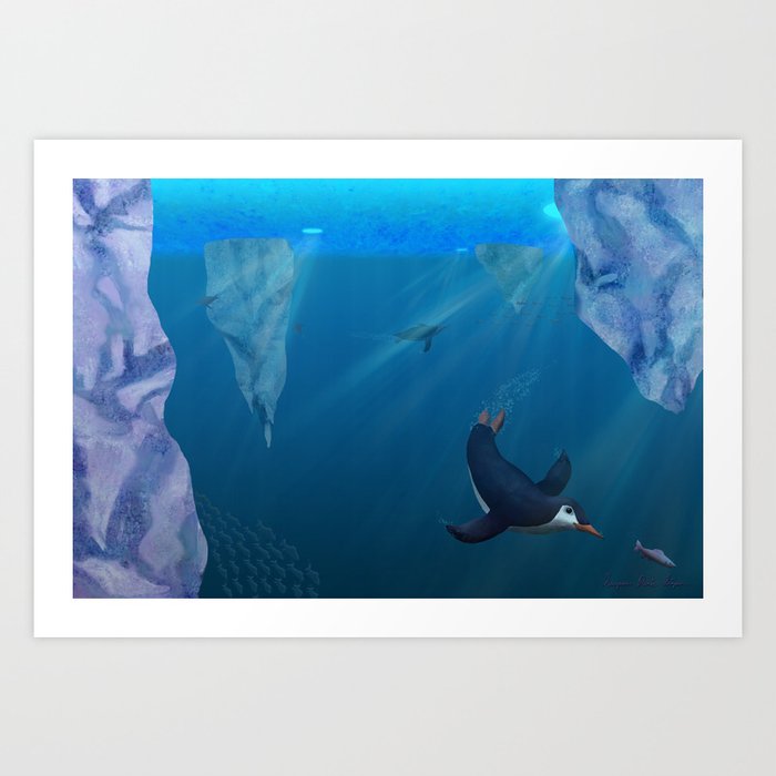 Penguins Swimming Under Ice Art Print