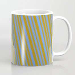 [ Thumbnail: Cornflower Blue and Dark Goldenrod Colored Pattern of Stripes Coffee Mug ]