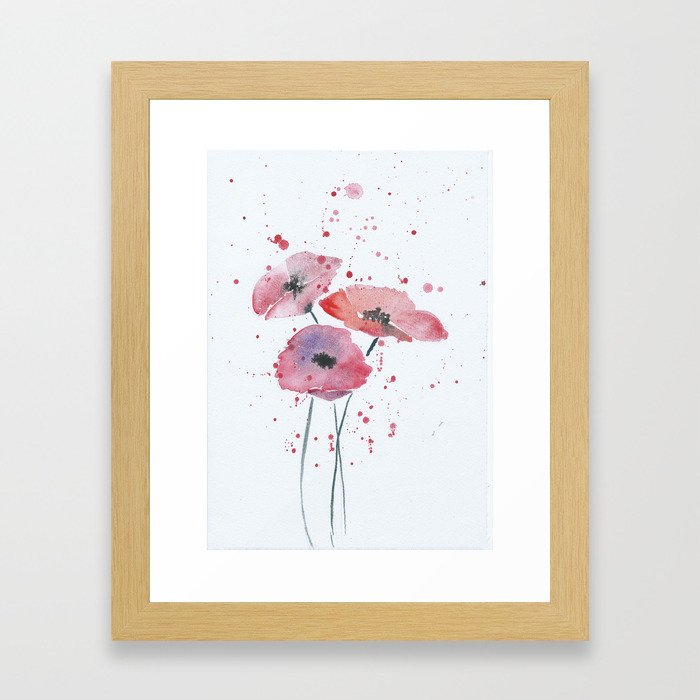 Red poppy flowers watercolor painting Framed Art Print